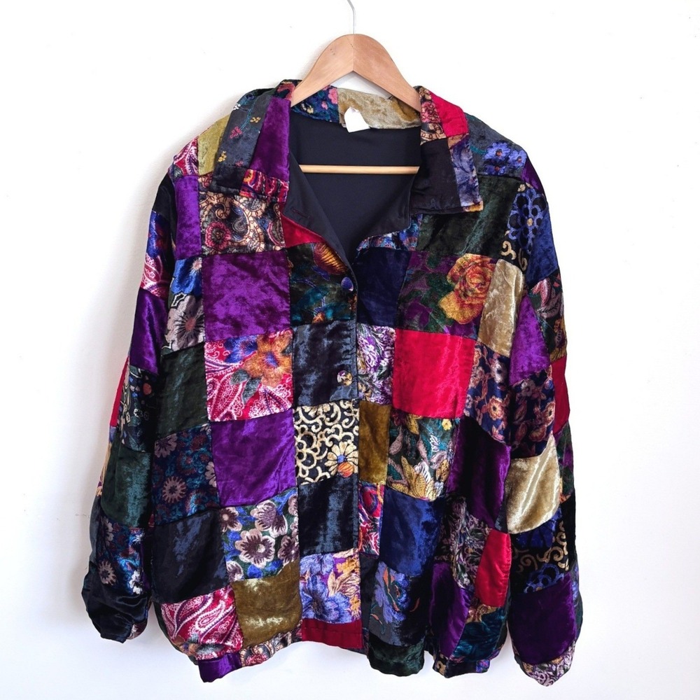 Vintage 90s Womens Velvet Patchwork Jacket XL Floral Statement Boho Art To Wear
